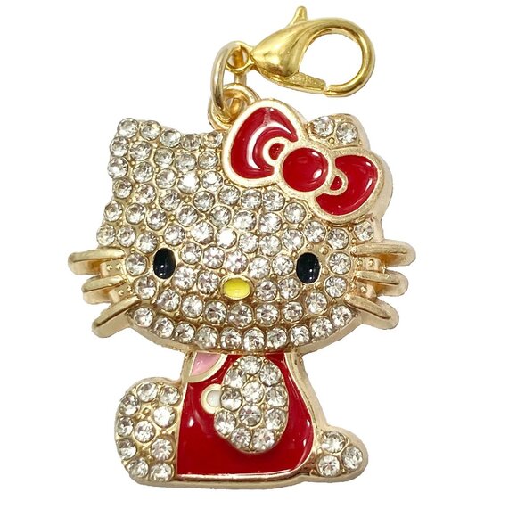 Hello Kitty Crystal Bling Charm Clip On Zipper Pull Bag Purse Red Bow Enamel - Picture 1 of 9
